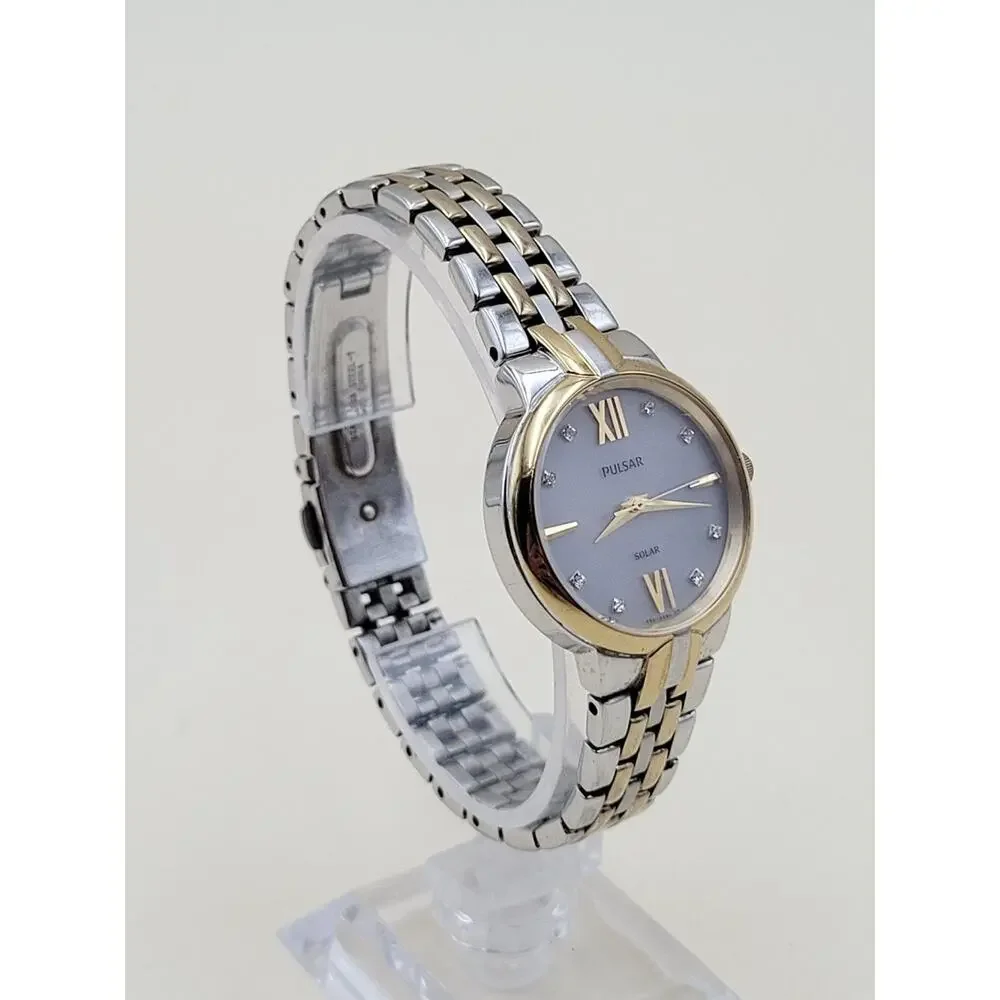 Pulsar Solar Womens Wristwatch Two Tone Silver Gold Stainless Steel AS01 672090